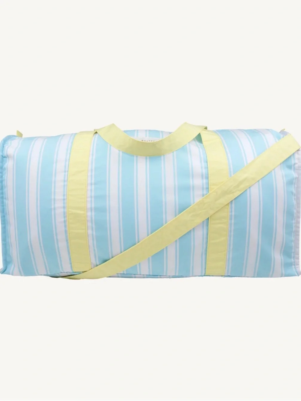 TBBC Large NWOT Blue and White Striped Duffel with Pale Yellow Straps